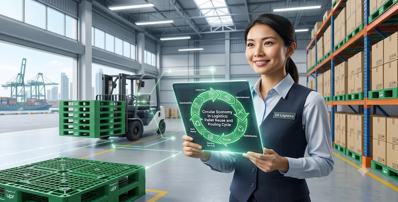 a glowing green circular arrow diagram showing pallet reuse