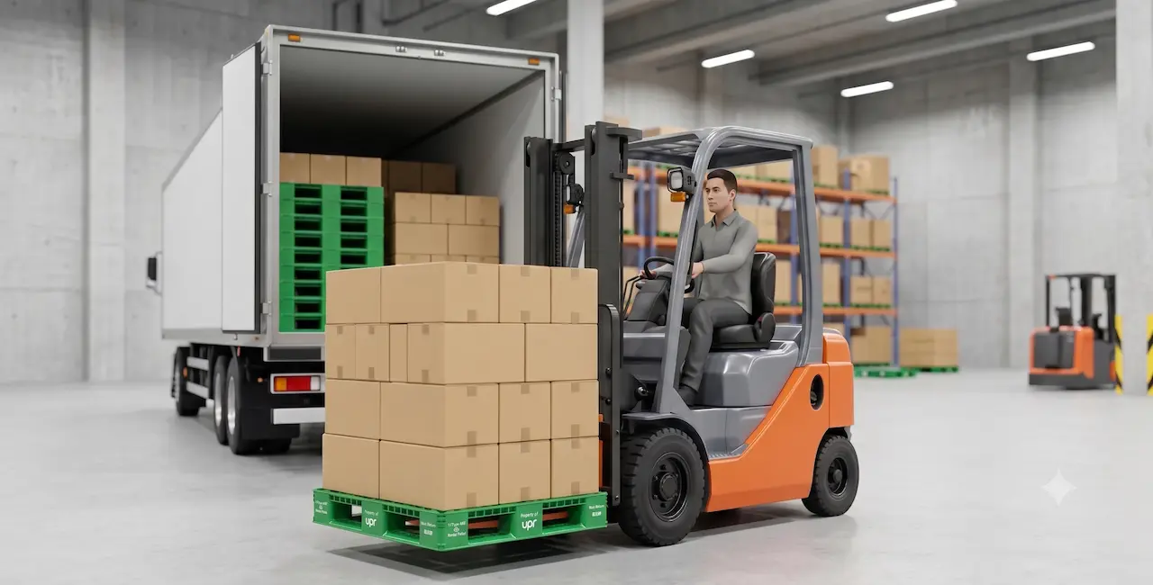 A forklift unloading standardized plastic pallets from a shipping trailer in a cross-border warehouse, showcasing unified pallet pooling efficiency.